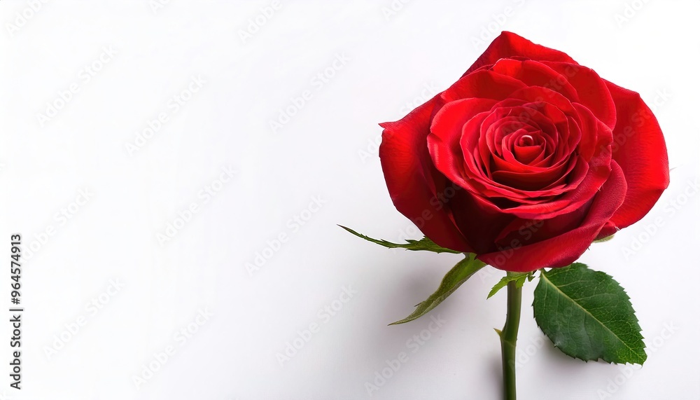 Beautiful single red rose flower with leaves side top view isolated on white background with copy space. Naturе object for design to Valentines, mothers day, anniversary. prom date. love and passion Beautiful single red rose flower with leaves side top view isolated on white background with copy space. Naturе object for design to Valentines, mothers day, anniversary. prom date. love and passion
