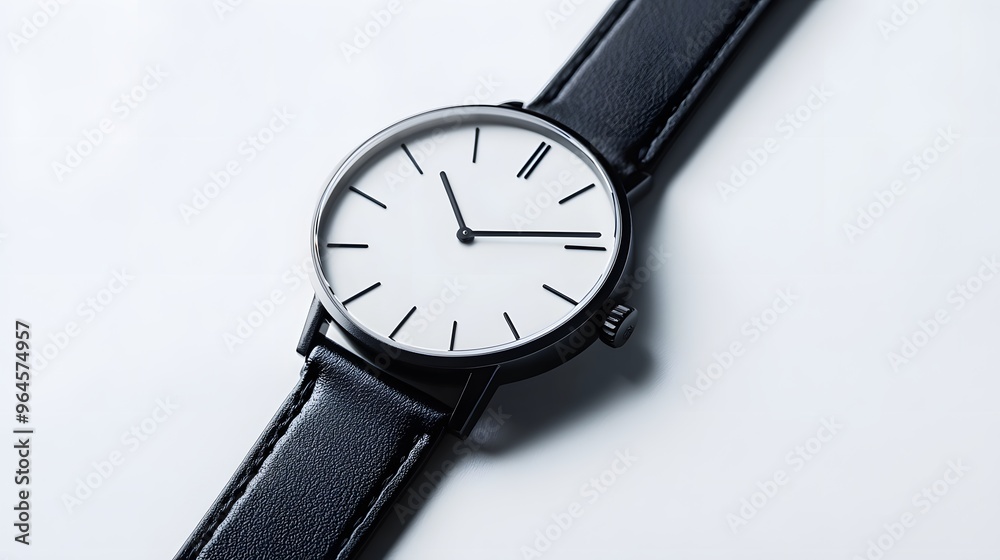 Minimalist Watch: A minimalist wristwatch with a clean face and simple leather strap, placed on a pristine white background, with soft lighting emphasizing its contours.
Minimalist Watch: A minimalist wristwatch with a clean face and simple leather strap, placed on a pristine white background, with soft lighting emphasizing its contours.