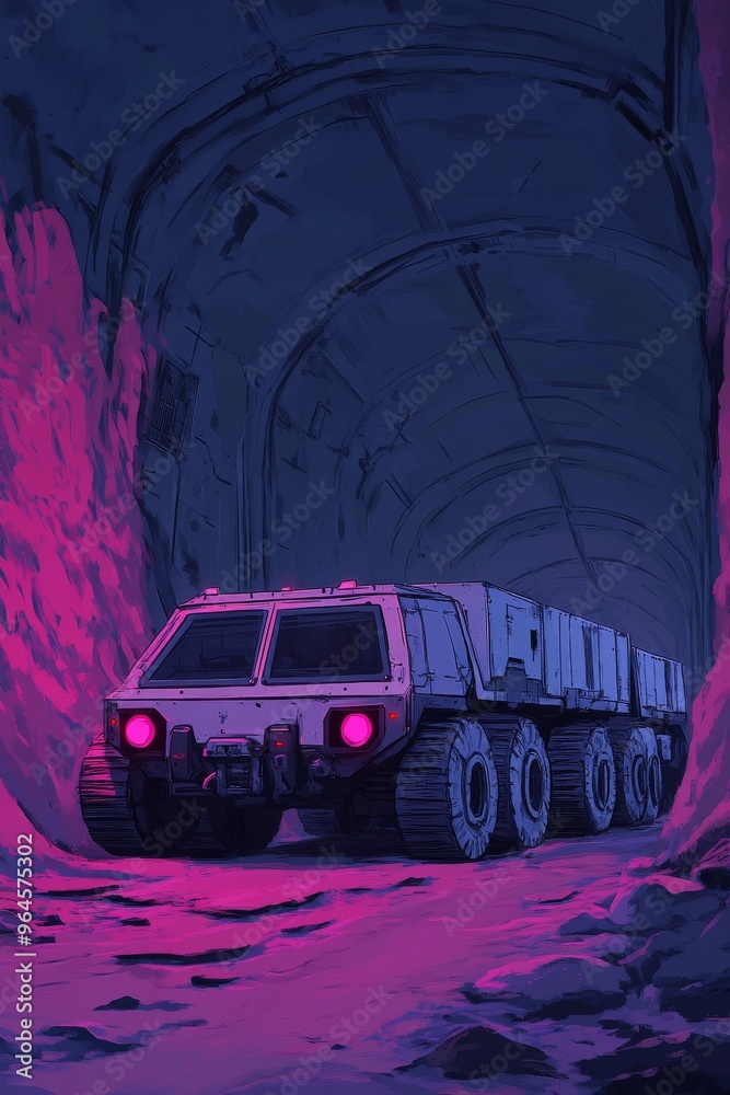 Futuristic vehicle exploring a vibrant, neon-lit tunnel. A perfect blend of technology and imagination.