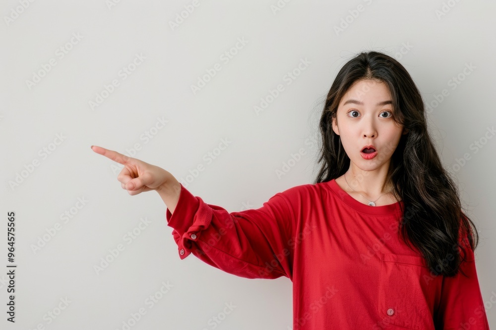 Shock Asian beautiful girl point beside her with red shirt in white background