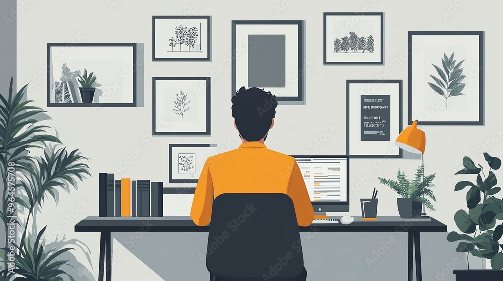 Man Working at Home Office Desk with Computer and Framed Pictures on Wall Man Working at Home Office Desk with Computer and Framed Pictures on Wall