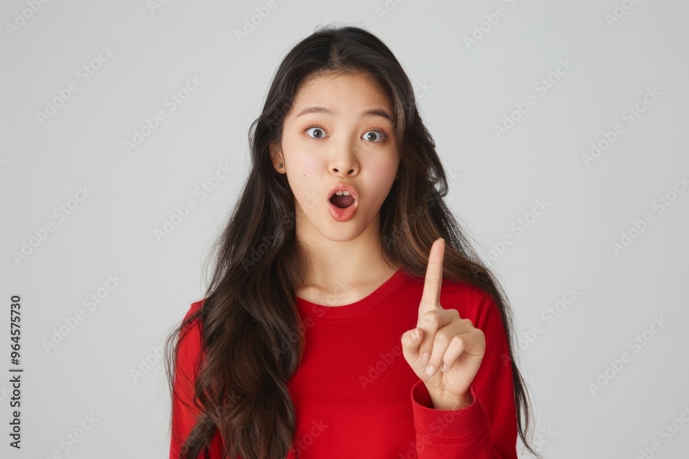 Shock Asian beautiful girl point beside her with red shirt in white background Shock Asian beautiful girl point beside her with red shirt in white background