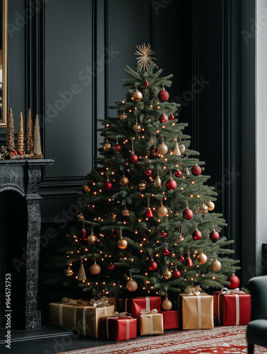 A beautifully decorated Christmas tree adorned with red and gold ornaments and surrounded by wrapped gifts in a luxurious living room setting.