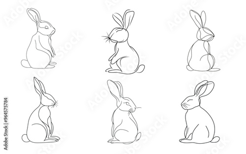 Set of rabbits, Easter bunny set in simple one-line style. Rabbit icon. Black and white minimal concept vector illustration.