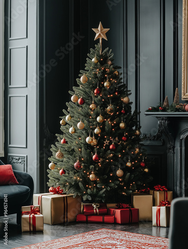 A beautifully decorated Christmas tree adorned with red and gold ornaments and surrounded by wrapped gifts in a luxurious living room setting.