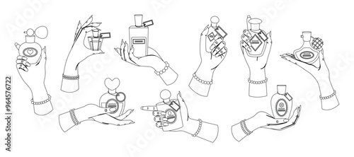 Elegant Female Hands Holding Perfume Bottles Showcasing Style And Glamour In Black And White Outline Design