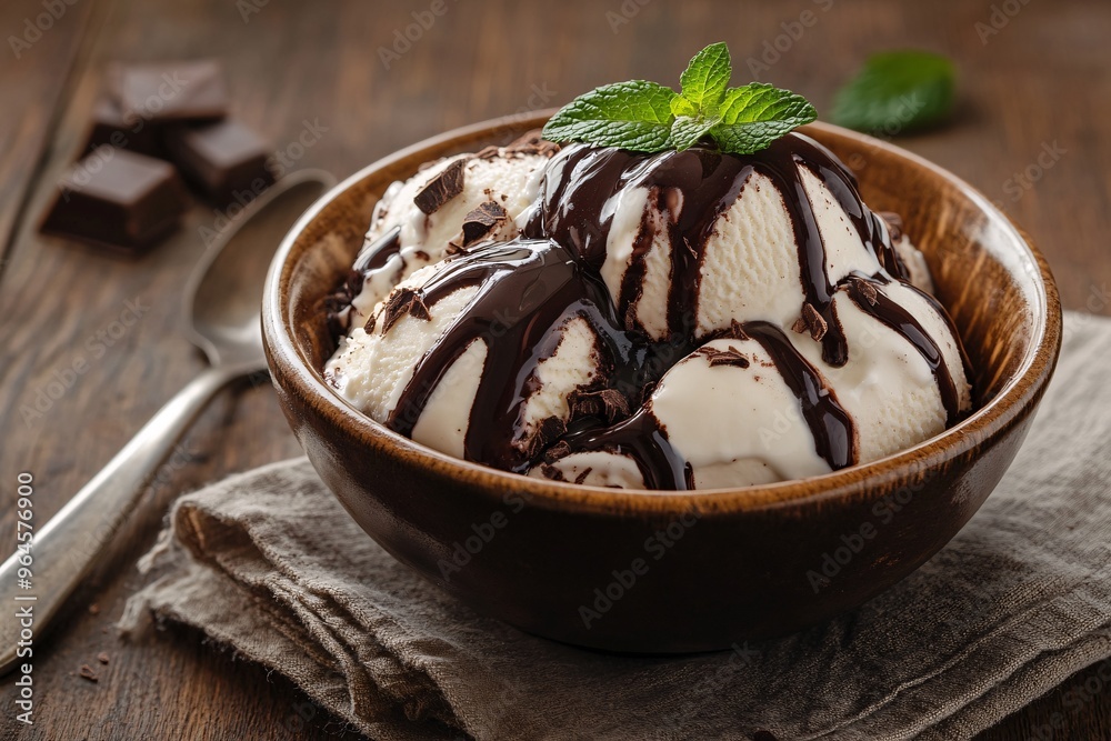 Chocolate Sauce Drizzled on Vanilla Ice Cream in Wooden Bowl Chocolate Sauce Drizzled on Vanilla Ice Cream in Wooden Bowl