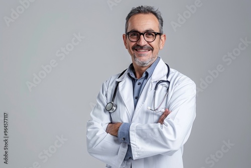 Smiling doctor standing on gray background