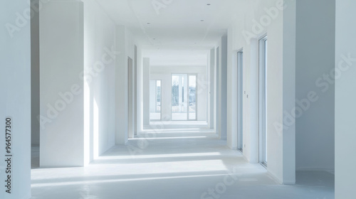 Empty white corridor with sunlight shining through windows