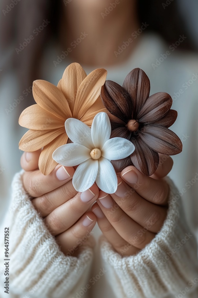 A woman’s hands gently holding three unique flowers in soft tones. A woman’s hands gently holding three unique flowers in soft tones.