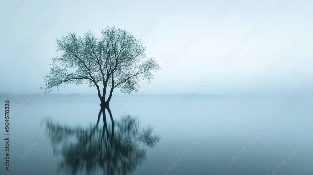 A solitary tree with bare branches reflected in still water during a misty morning A solitary tree with bare branches reflected in still water during a misty morning