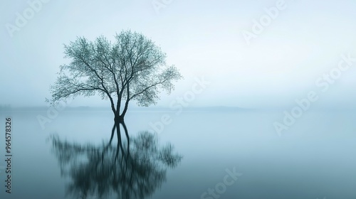 A solitary tree with bare branches reflected in still water during a misty morning