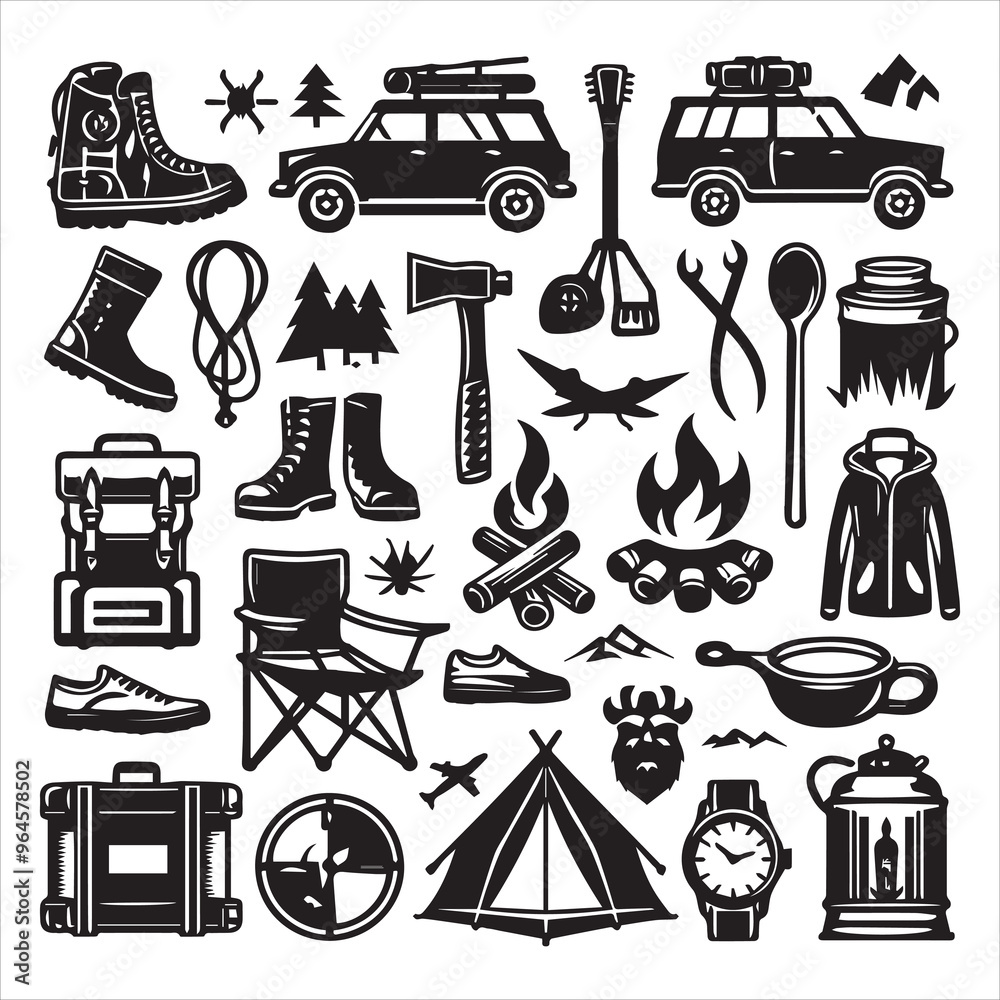 Obraz premium Camping Round Compositions bundle silhouette elements set in a white background 