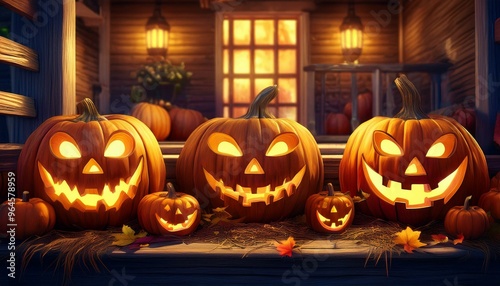 Carved Pumpkin Jack-O'-Lanterns: A close-up of several intricately carved pumpkins with different expressions (scary, funny, surprised) glowing with candles inside. They are placed on a rustic wooden 