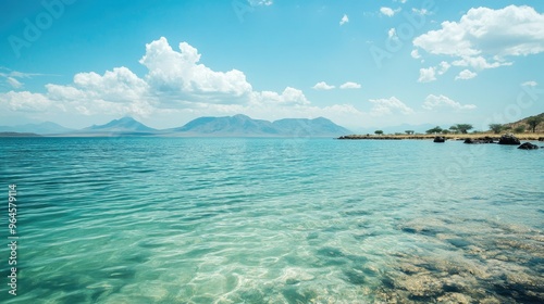 The clear blue waters of Lake Turkana in Kenya, with volcanic islands dotting the lake. photo