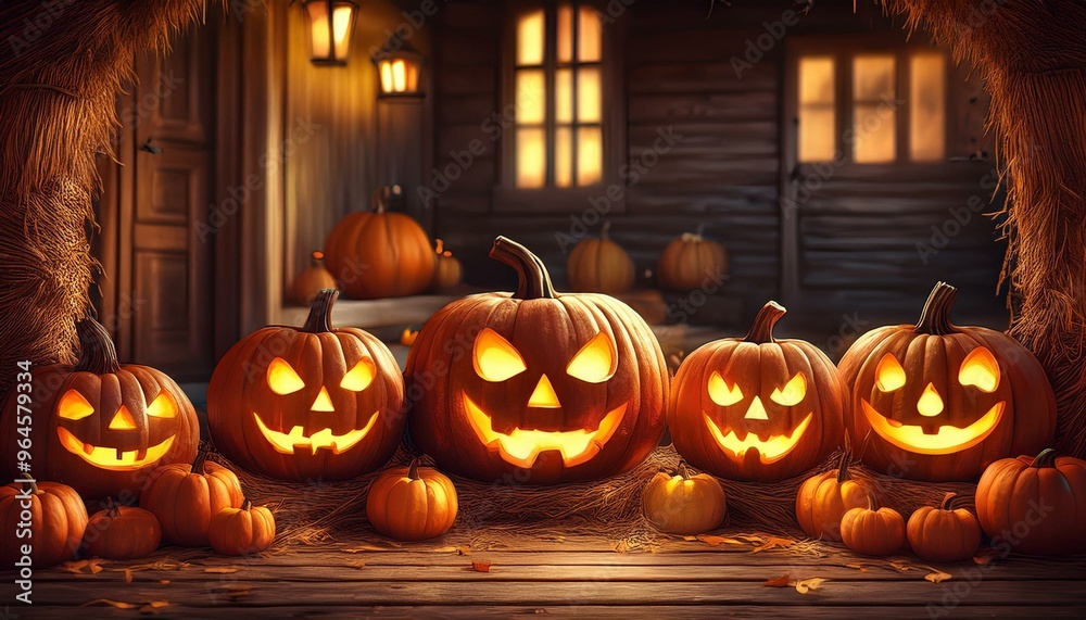 Fototapeta premium Carved Pumpkin Jack-O'-Lanterns: A close-up of several intricately carved pumpkins with different expressions (scary, funny, surprised) glowing with candles inside. They are placed on a rustic wooden 