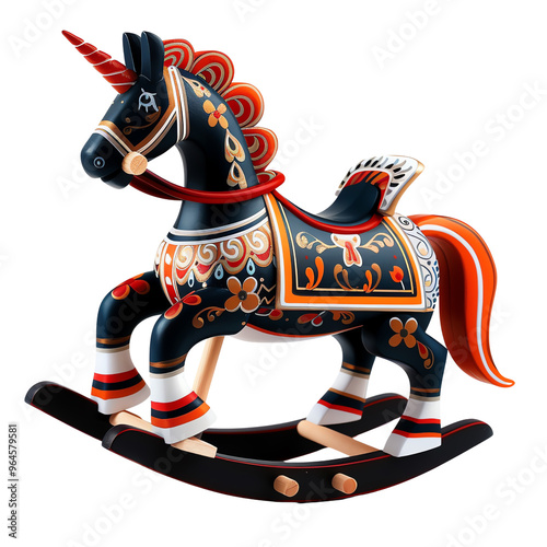 Colorful ornamental rocking horse with intricate patterns and designs, showcasing a blend of traditional and modern artistic styles., transparent background photo