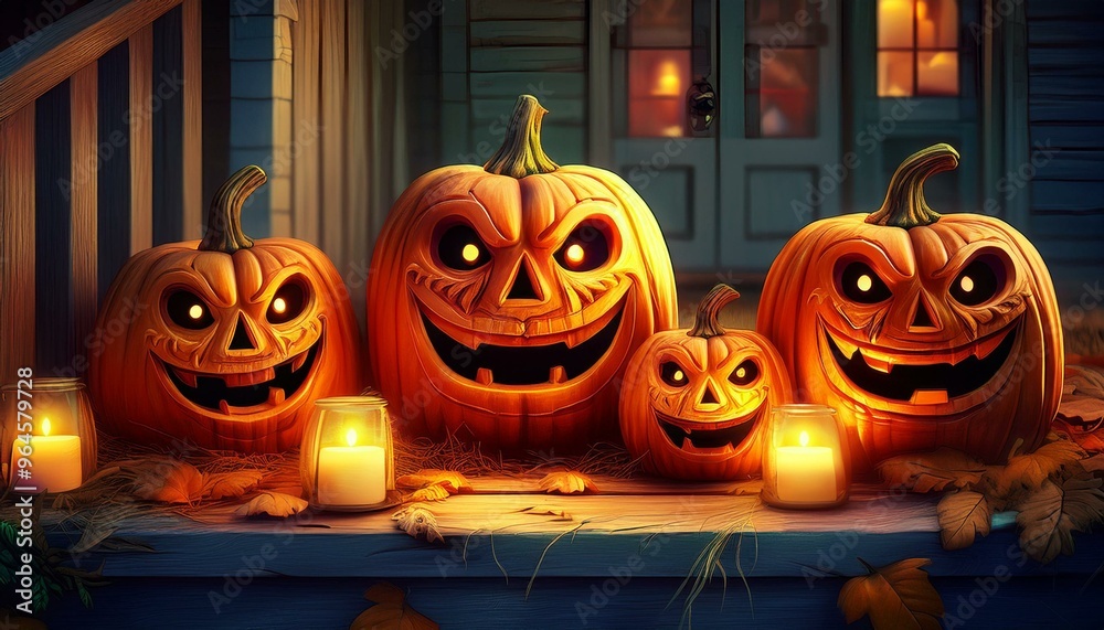 Fototapeta premium Carved Pumpkin Jack-O'-Lanterns: A close-up of several intricately carved pumpkins with different expressions (scary, funny, surprised) glowing with candles inside. They are placed on a rustic wooden 