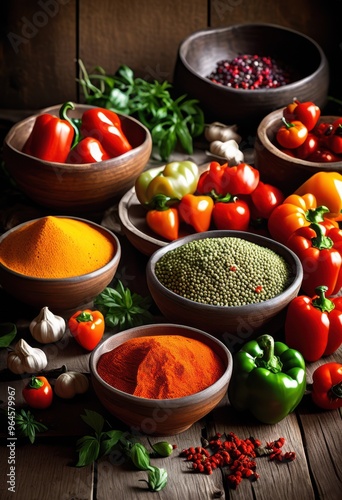 vibrant spices colorful ingredients artfully displayed rustic wooden surface culinary inspiration, aroma, herb, seasoning, fresh, natural, organic, cooking