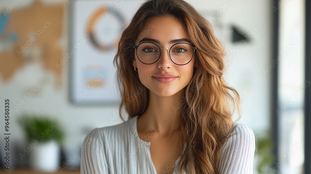 Portrait of a Smiling Woman with Glasses in a Modern Office Setting Portrait of a Smiling Woman with Glasses in a Modern Office Setting