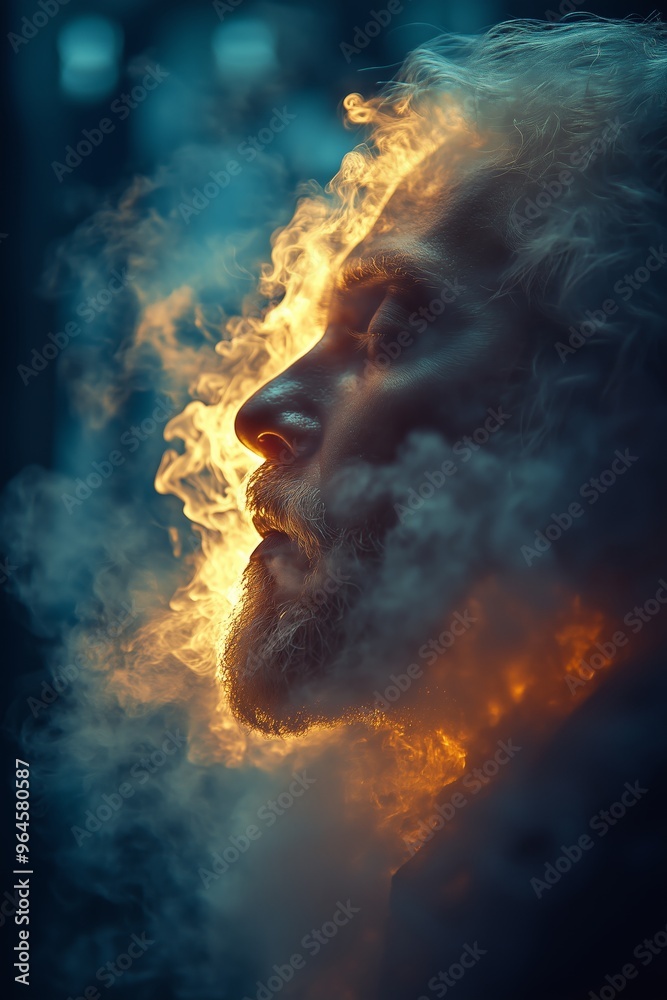 Side profile of an older man with smoke and dramatic lighting. Side profile of an older man with smoke and dramatic lighting.