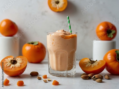 Refreshing pear milkshake in a clear glass, set on a clean white background. photo