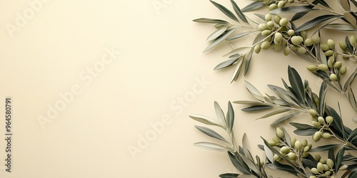 Brown khaki background decorated with Olives and olive branches. Background with olive leaves for your package and design illustration.