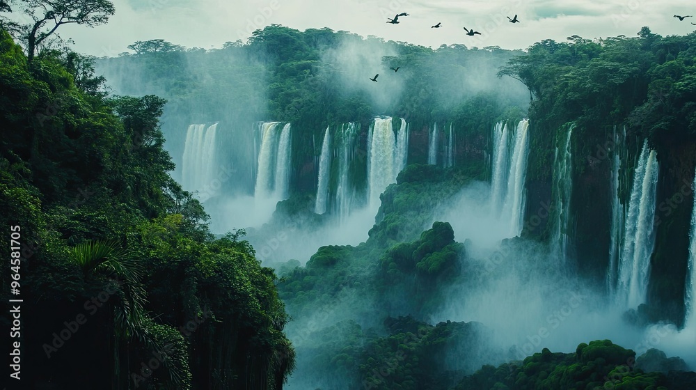 The dense jungle of Iguazu National Park, with the sound of the waterfalls in the background and birds flying overhead and the mist rising from the waterfalls. The dense jungle of Iguazu National Park, with the sound of the waterfalls in the background and birds flying overhead and the mist rising from the waterfalls.