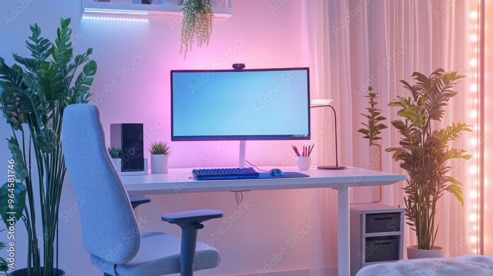 white gaming desk setup with pink and blue lighting white gaming desk setup with pink and blue lighting
