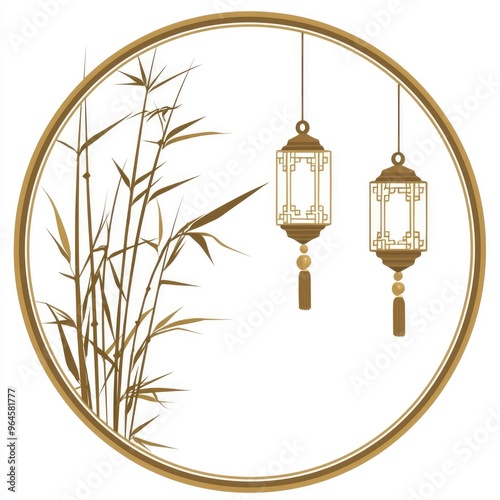 Chinese Lanterns and Bamboo in a Circular Frame