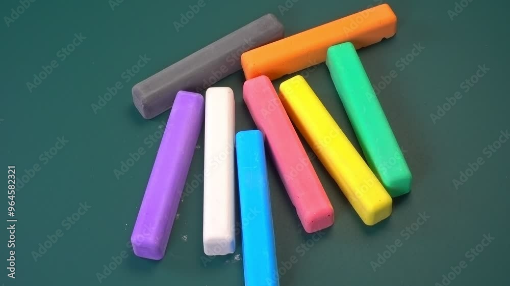 bunch of multicolored chalks on green chalkboard background, top view, back to school concept, rotation