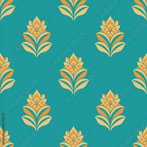 A blue and yellow floral pattern is repeated in a design. The flowers are drawn in a stylized way, with each one having a unique shape and size. The overall effect is one of elegance