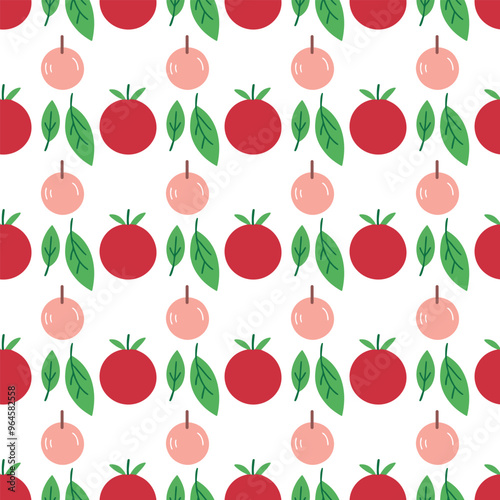 A pattern of red apples and green leaves. The apples are arranged in a row and the leaves are scattered around them. The image has a playful and whimsical feel to it