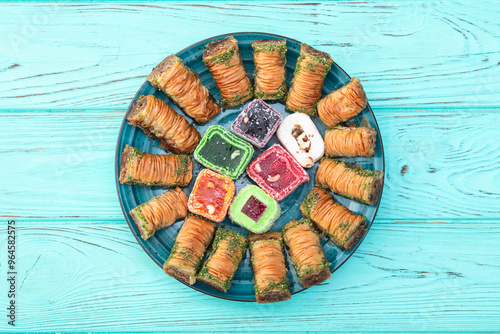 Turkish delight candy with arabic baklava . Rahat lokum photography