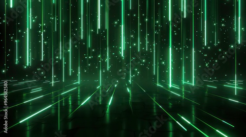 Abstract green neon lines falling from the sky.