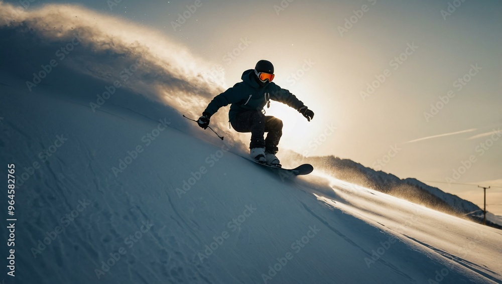Silhouette of a person snowboarding in action. Silhouette of a person snowboarding in action.