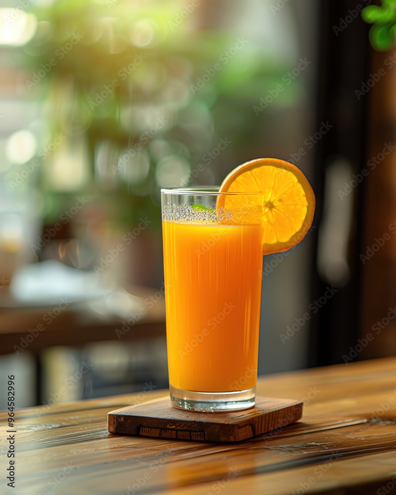 A tranquil image of a glass of cold-pressed juice served on a wooden coaster with a slice of orange on the rim A tranquil image of a glass of cold-pressed juice served on a wooden coaster with a slice of orange on the rim