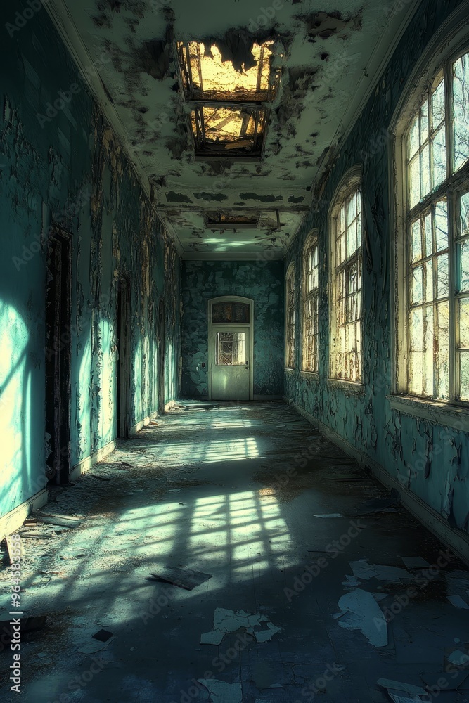 A desolate corridor with peeling paint and sunlight casting shadows, evoking a sense of abandonment and decay. A desolate corridor with peeling paint and sunlight casting shadows, evoking a sense of abandonment and decay.