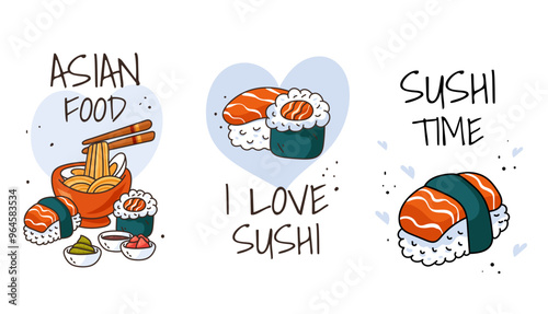 Asian food sushi noodles badges flat line art simple style isolated concepts set