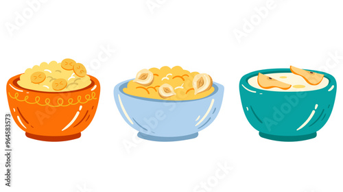 Bowls of different porridge with fruits berry and nuts line art simple style isolated set