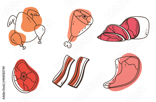Meat sausages whole and slice simple line style isolated set 