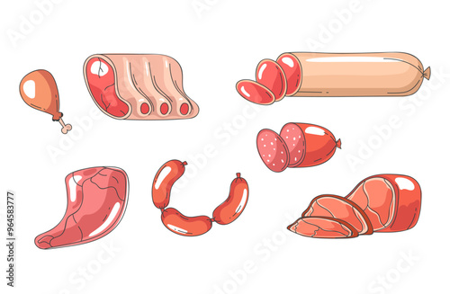 Meat sausages whole and slice simple line style isolated set 