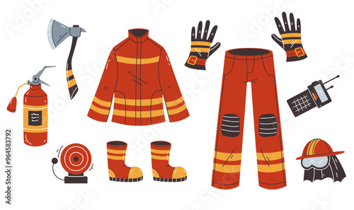 Firefighter suit parts line art simple style isolated concept set 