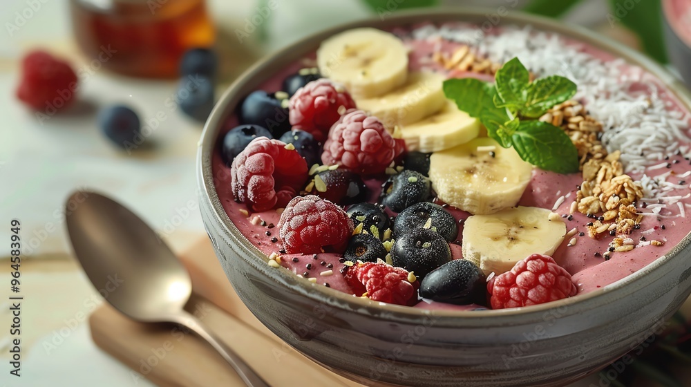 A high-resolution image of a refreshing smoothie bowl topped with fresh berries, sliced banana, and coconut flakes