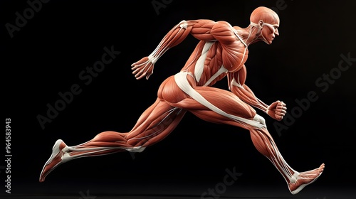 Muscular System Highlighted in Motion: A dynamic illustration of the muscular system during a running motion, focusing on the leg muscles as they contract and extend.
