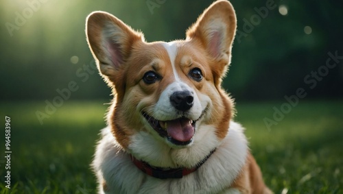 Smiling corgi on a green background with large ears and space for a message.