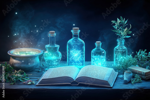 Ancient Magic Unleashed: Glowing potions, a mystical grimoire, and enchanted herbs bathed in ethereal blue light, conjuring an atmosphere of sorcery and wonder. photo