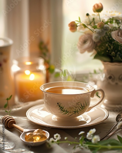 A serene photograph of a steaming cup of green tea in a delicate porcelain cup with a small dish of honey beside it