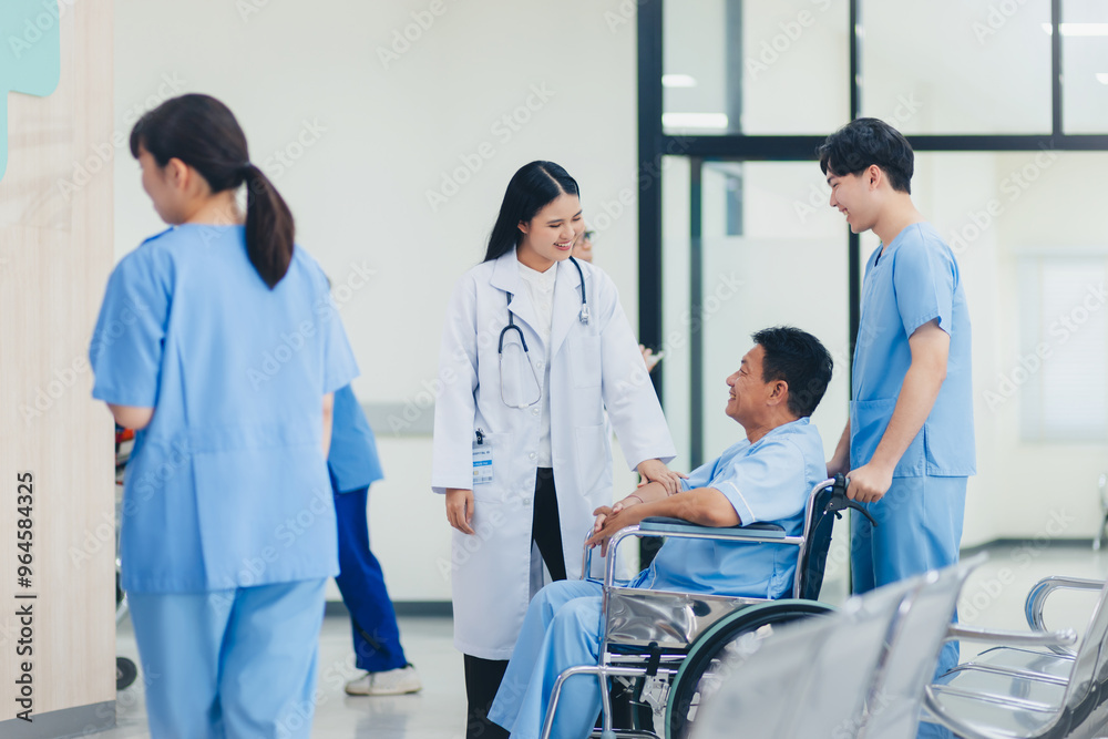 Fototapeta premium Happy asian woman doctor talking patient with wheelchair in hospital
