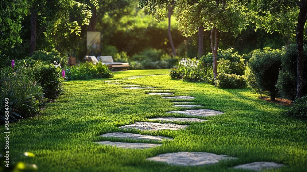 Garden stone walkway with lighted candles in the evening.landscape lawn with steping stone.photo